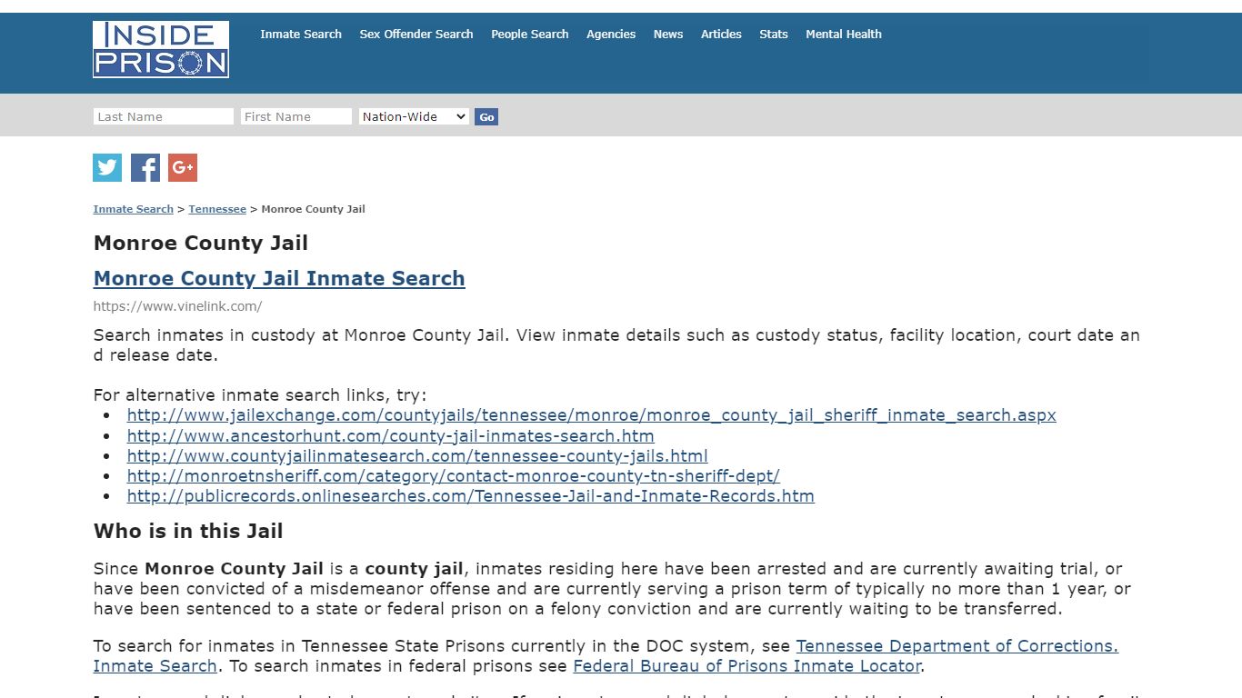 Monroe County Jail - Tennessee - Inmate Search - Inside Prison